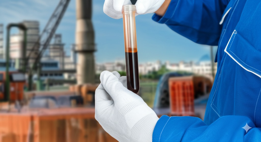 Coleta de amostra para análise de óleo lubrificante em equipamento industrial.